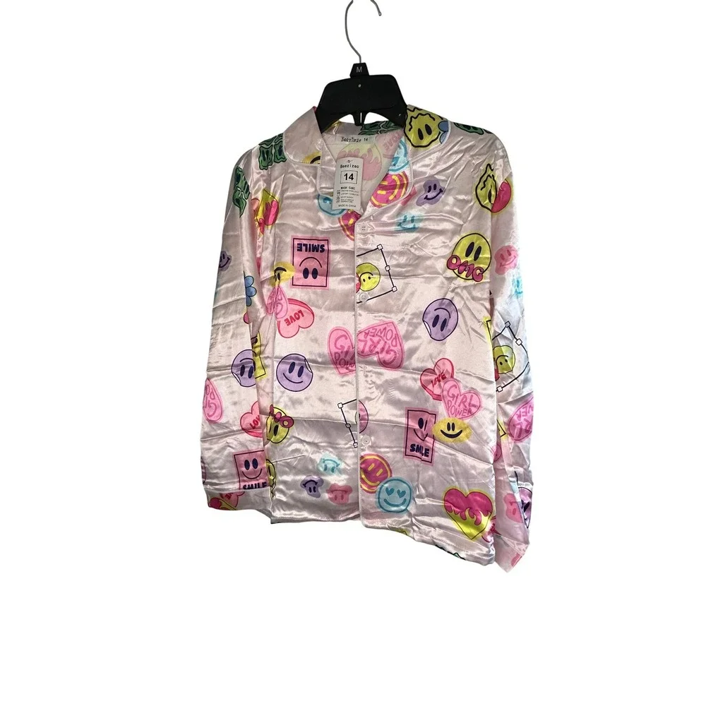 Beezizac Kids Pajama Set Long Sleeve Pants Smiley‎ Face Love Print Size 14